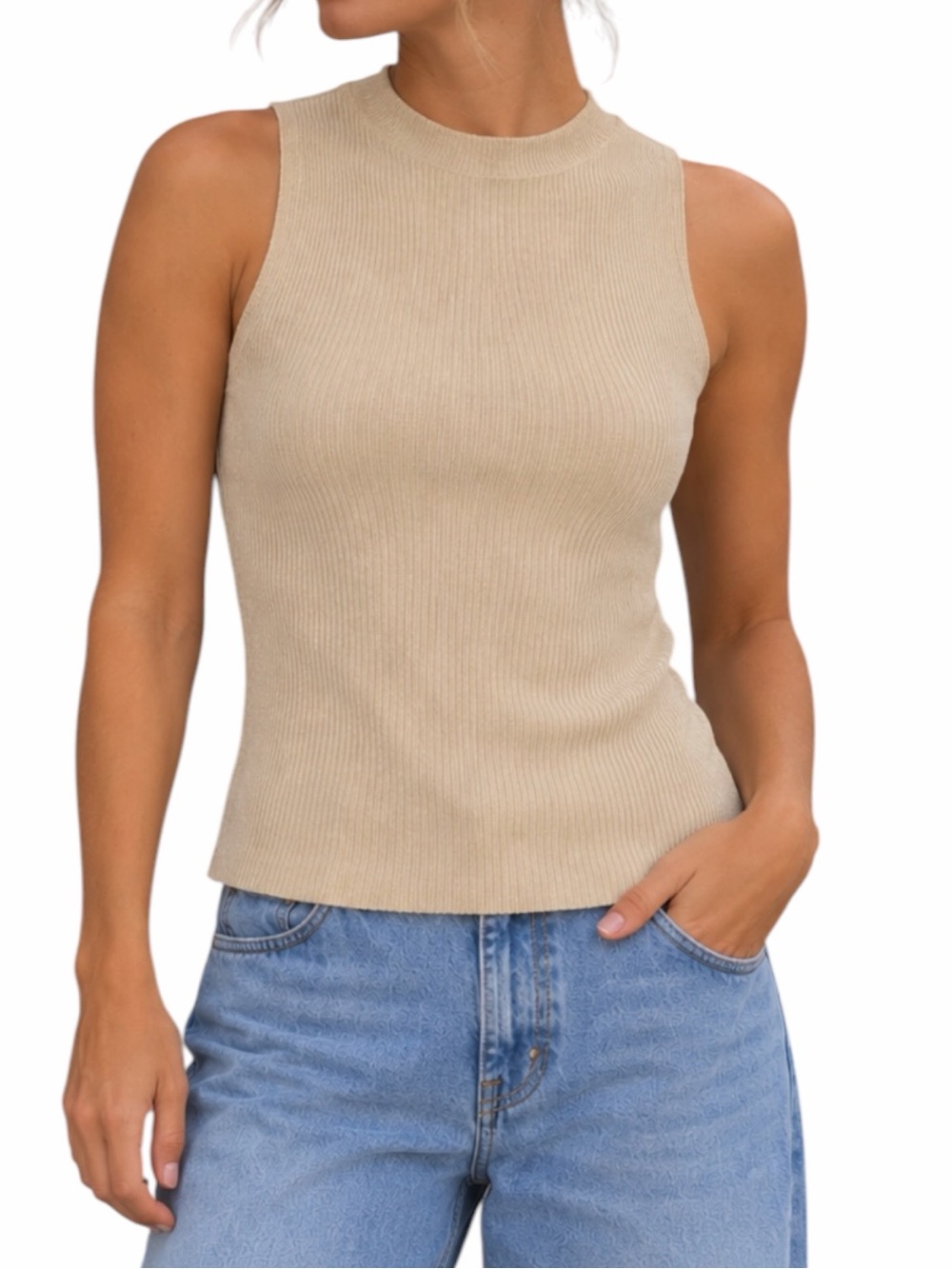 Ann Taylor LOFT Beige Ribbed Mock Neck Tank Top S
